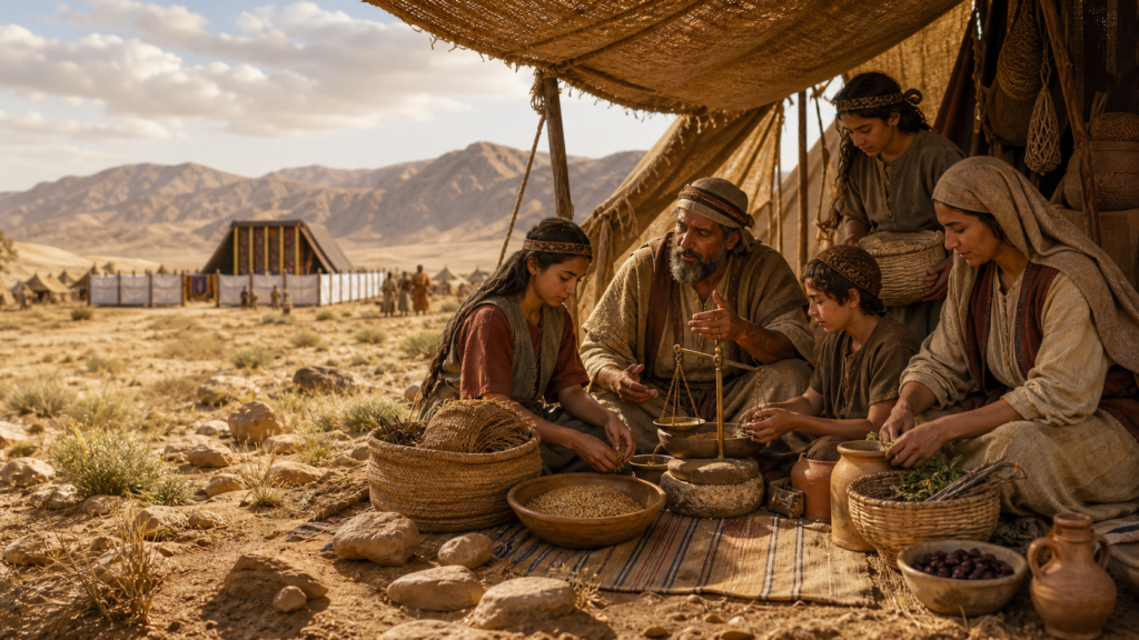 Interpretive illustration of a family working together beside a wilderness tent, with the tabernacle visible in the distance.