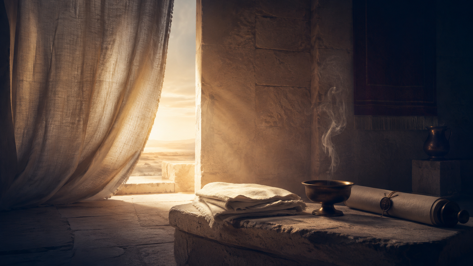 A quiet MMAB visual synthesis with an open Bible and low lamplight for Yom Kippur.