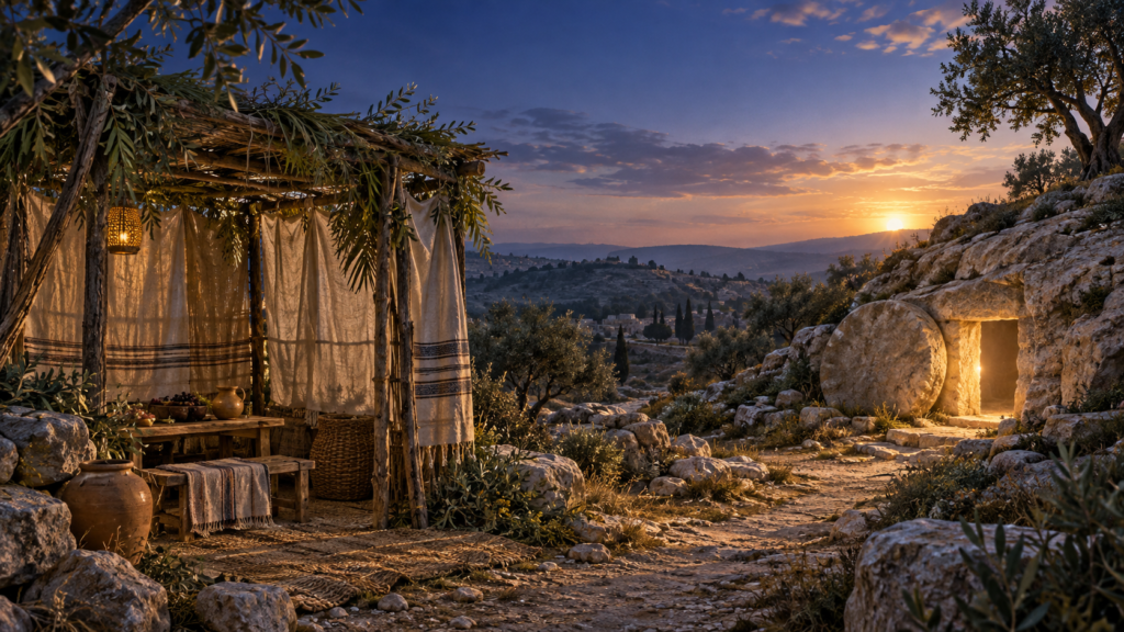 Sukkot evening table under a leafy booth, pointing toward the hope of resurrection and God's dwelling with His people