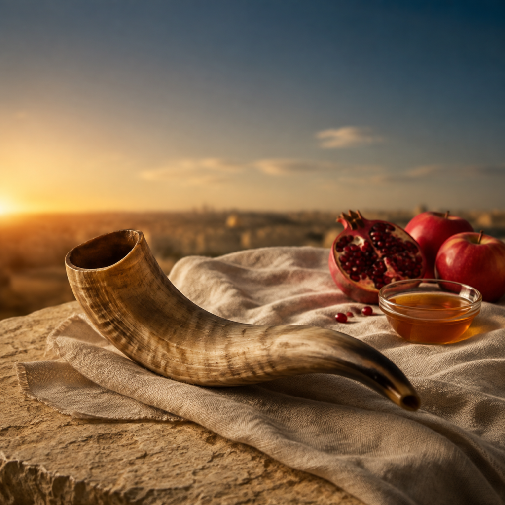 A natural ram's horn shofar rests on linen and warm stone at dawn, with apples, honey, and pomegranate behind it as later table-tradition symbols.
