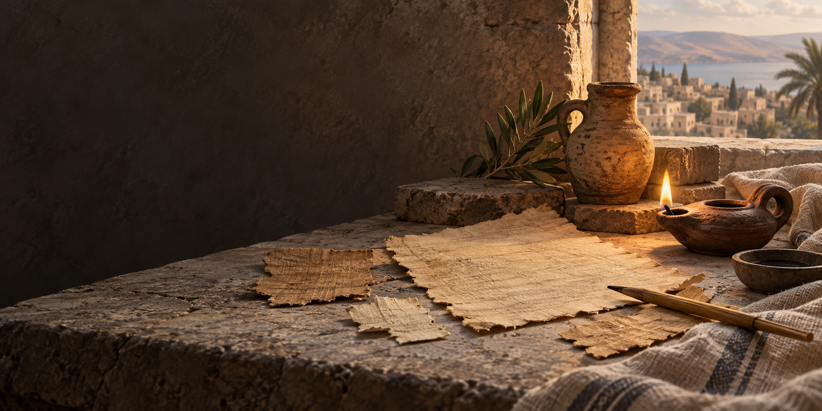 Illustrated manuscript-study table with parchment fragments, oil lamp, reed pen, and stone surface.