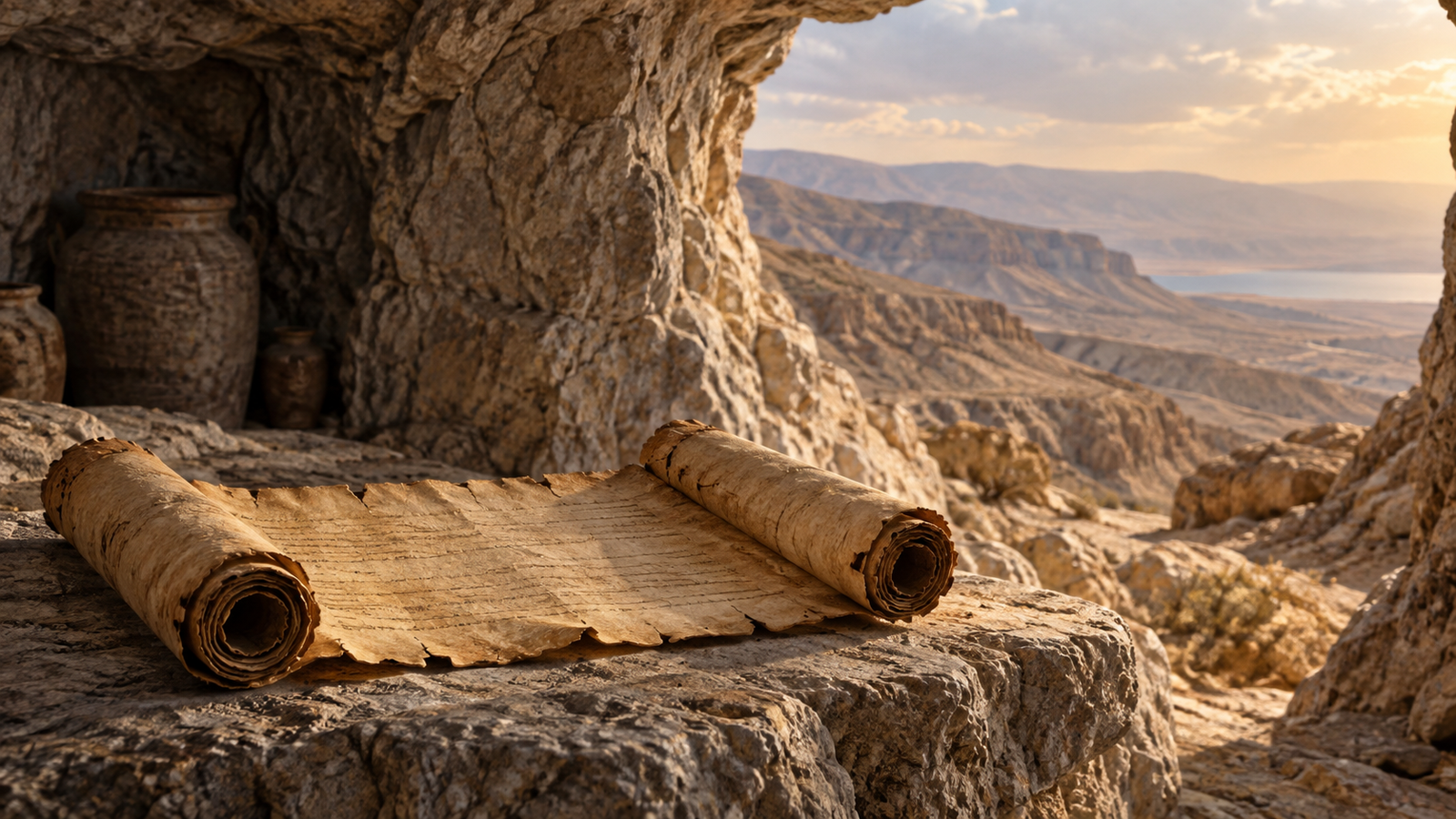 Illustrative scene of an ancient manuscript scroll in a Judean Desert cave