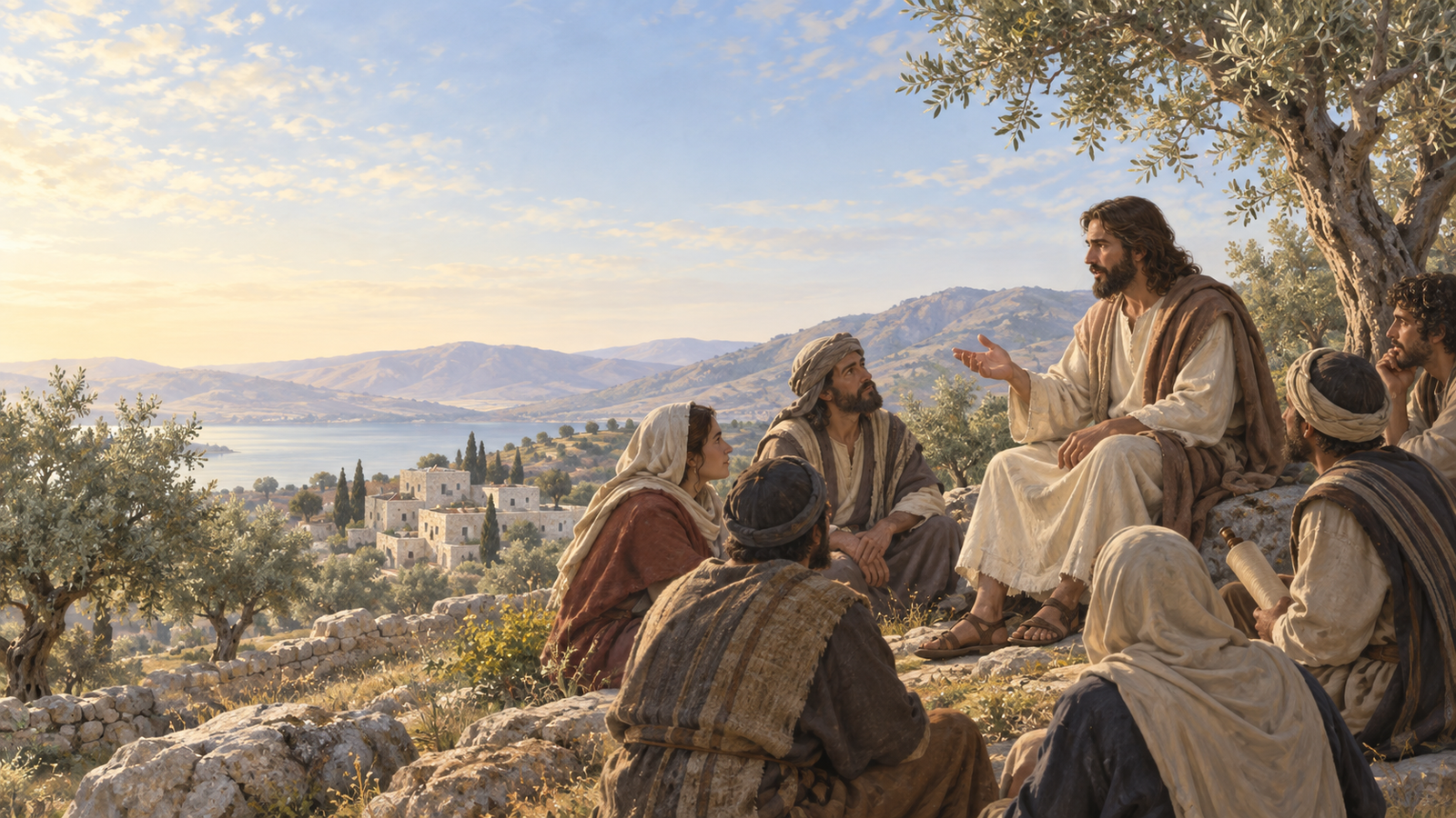 Painterly illustration of Jesus teaching Jewish listeners on a first-century Galilean hillside