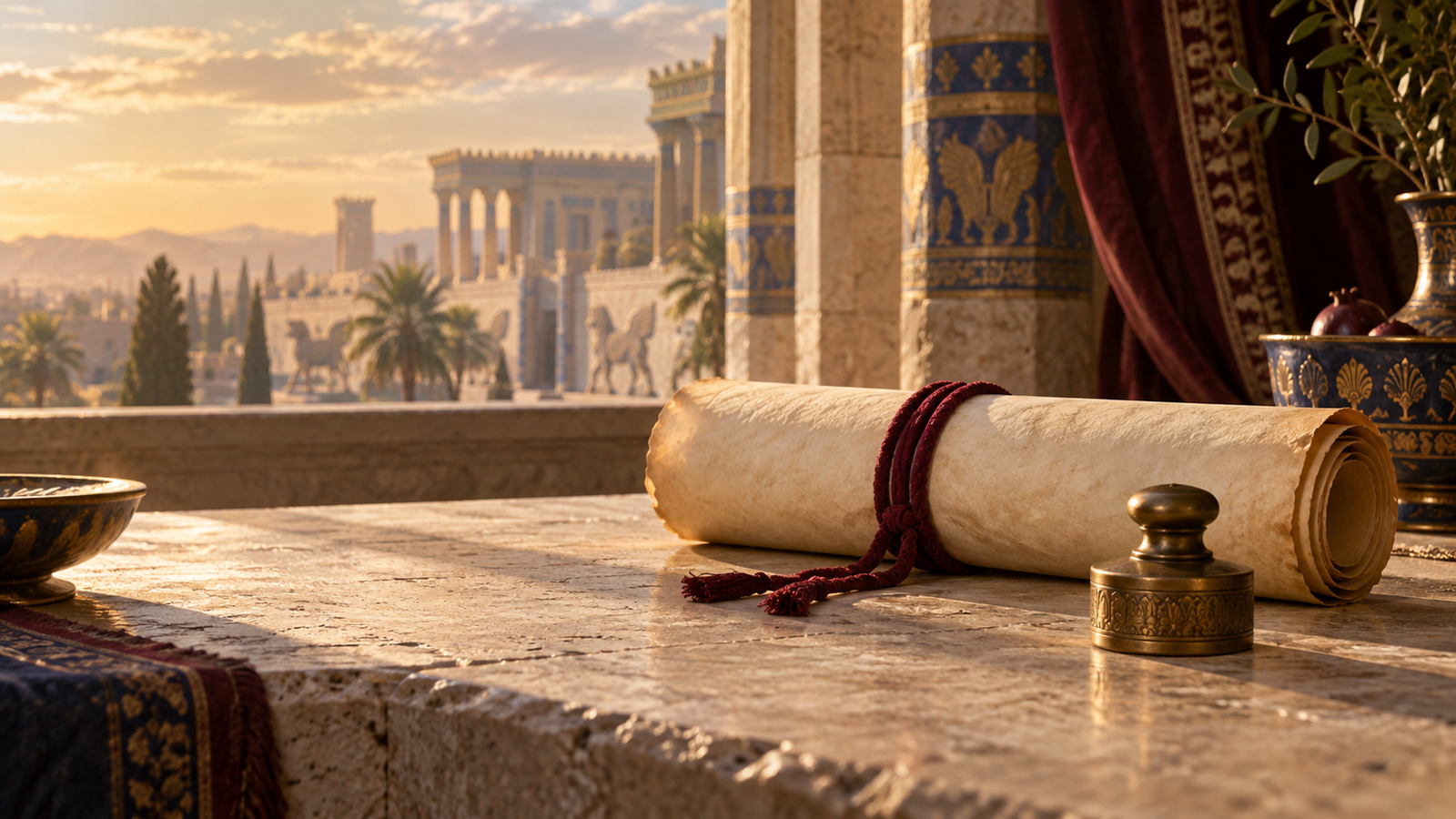 A parchment scroll and Persian-style seal in a sunlit ancient Persian setting