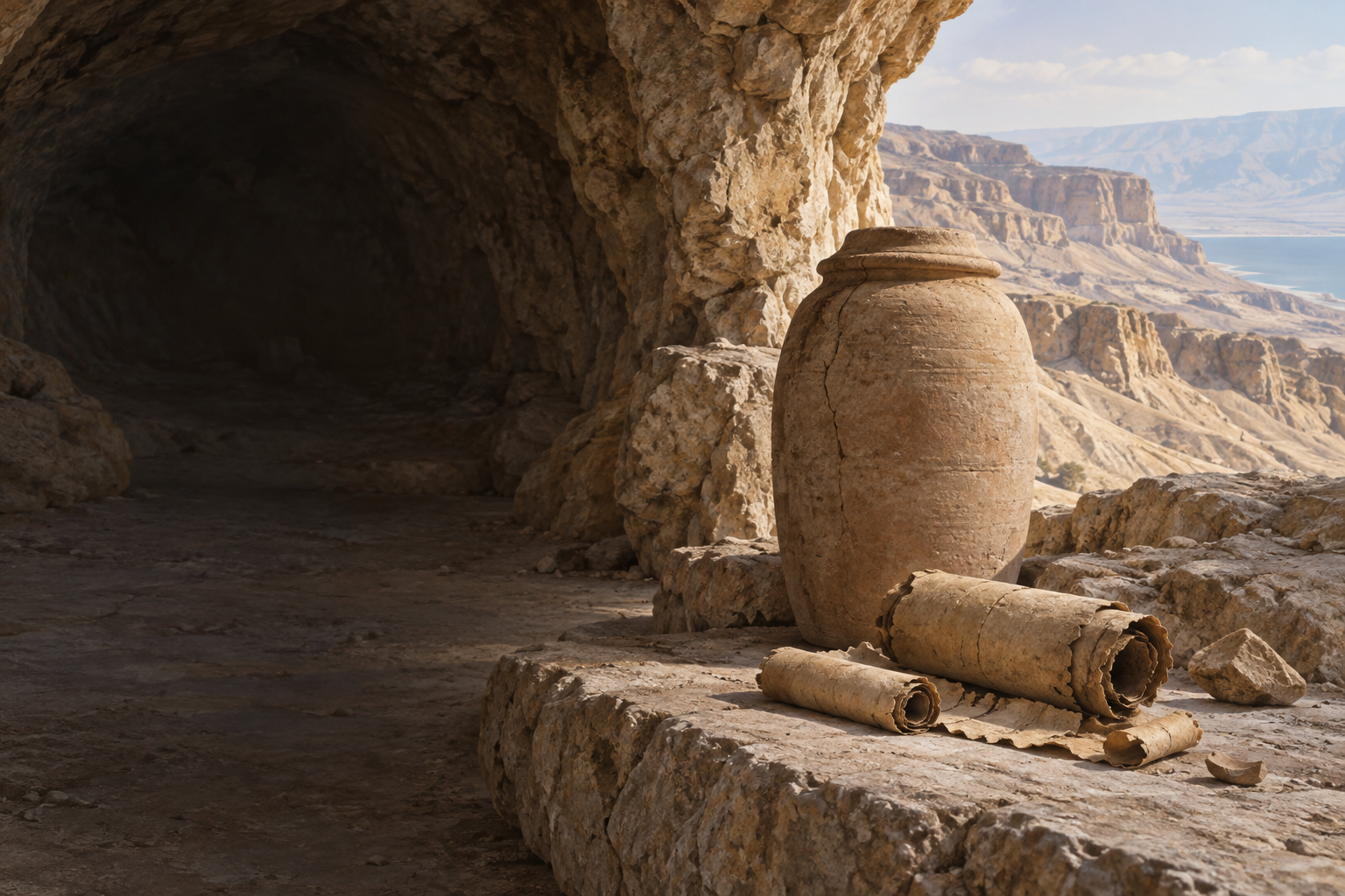 Illustrative Judean desert cave scene with clay jars and scroll fragments.