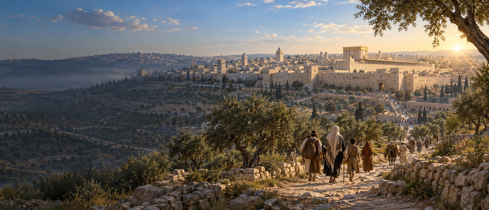 Illustrated historical reconstruction of late Second Temple Jerusalem, viewed from a hillside with pilgrims on a path.