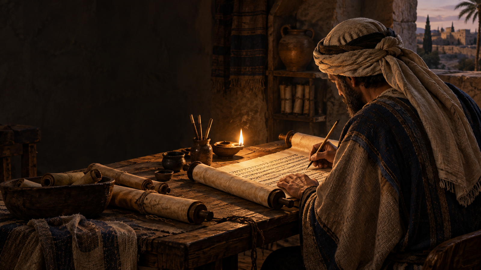 Illustrative scene of an ancient Jewish scribe writing on a scroll by lamplight