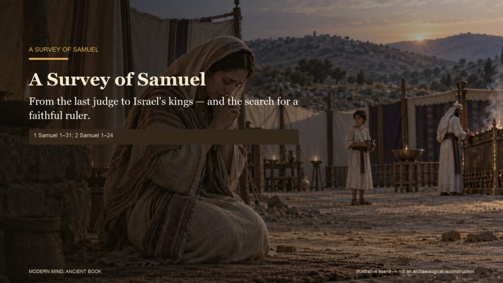 Illustrative artwork of a woman praying and a boy near an ancient shrine at sunset. Text: A Survey of Samuel; From the last judge to Israel’s kings—and the search for a faithful ruler.