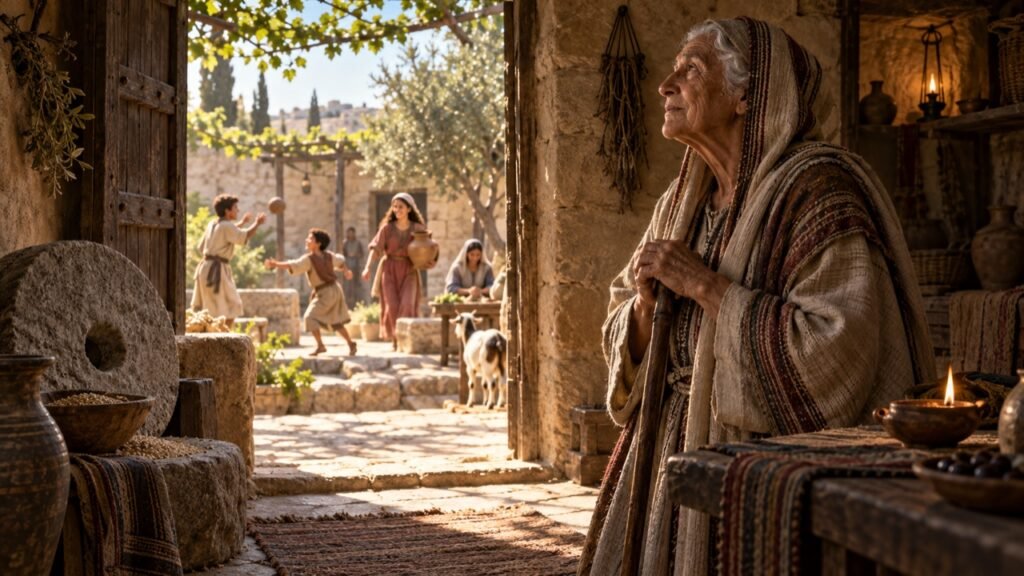 Illustrative artwork of an older woman in a warm stone home looking toward a sunlit courtyard where children and adults share ordinary life.